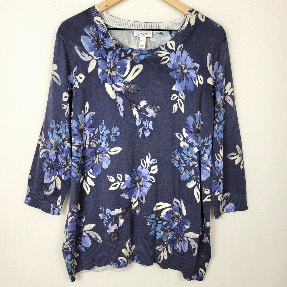 d&co Denim + Co Floral Knit Top Womens XL Navy Cotton Rayon Boho Cozy